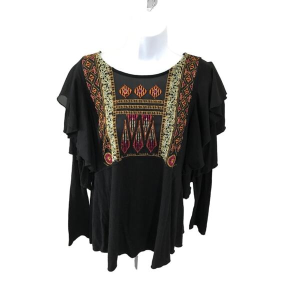 Free People La Cienga Ruffled BOHO Embroidered Ladies Top Size Small - Picture 1 of 7